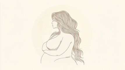 Fototapeta premium A soft line art drawing of a pregnant woman with long flowing hair, showcasing an embodiment of maternity, femininity, and the calm anticipation of motherhood.