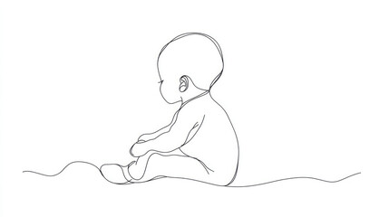 A minimalist line drawing of a baby sitting on the ground, evoking innocence, simplicity, and the early stages of human life, focusing on purity and potential.
