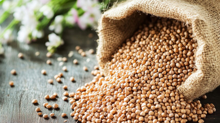 "Organic buckwheat in a burlap sack, along with a heap of buckwheat."


