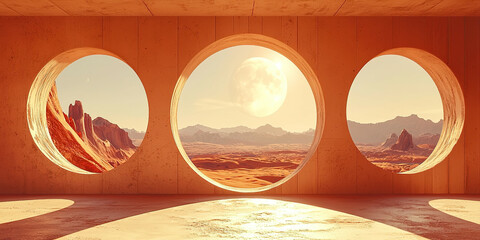Obraz premium A desert landscape with a large moon in the sky