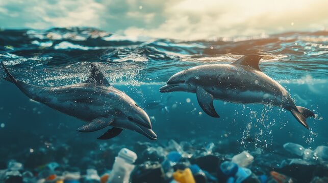 Dolphins swimming in ocean polluted with plastic waste