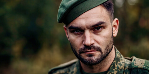 Fototapeta premium A man in a green hat and uniform is looking at the camera