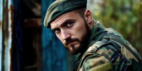 Fototapeta premium A man in a green hat and camouflage jacket is looking at the camera