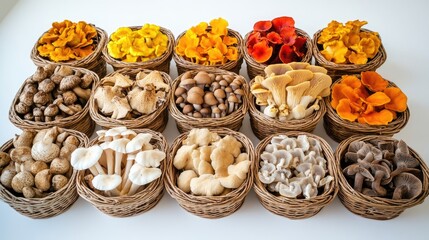 Baskets filled with a variety of gourmet mushrooms, vibrant colors and textures highlighted on a clean and bright surface.