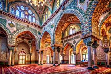 Obraz premium Intricate geometric patterns and vibrant colors adorn an ancient Arabian-inspired mosque's interior, with delicate