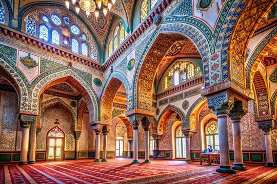 Intricate geometric patterns and vibrant colors adorn an ancient Arabian-inspired mosque's interior, with delicate