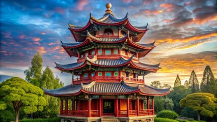 Fototapeta premium Intricately ornate ancient Chinese pagoda with a circular façade, multi-tiered eaves, and vibrant red accents stands
