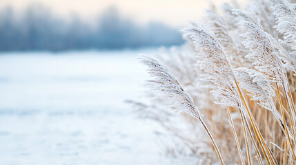 Obraz premium Serene Winter Landscape with Frost-Covered Reeds and Snowy Background