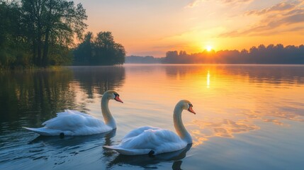 Fototapeta premium Two swans swimming gracefully on a calm lake at sunset