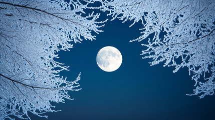 Full moon framed by frost-covered tree branches on a clear winter night