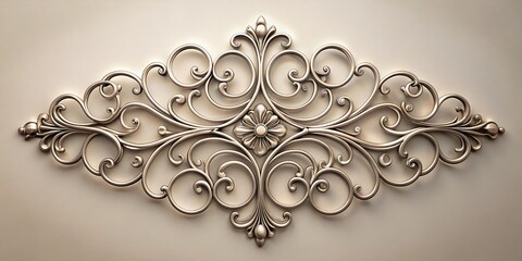 Intricate ornate metal filigree design element on a neutral background, featuring delicate curls, ornate patterns, and