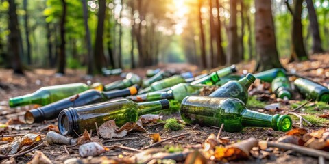 Empty bottles of champagne and beer littering forest floor causing pollution environment non decomposable waste alcohol beverages party celebration nature trash garbage environment