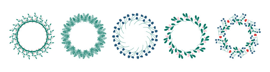 Set of round frames made of stylized twigs and flowers.