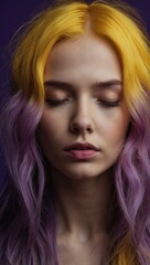 Fototapeta premium Woman with platinum blonde hair, soft pink makeup, serene expression, eyes closed
