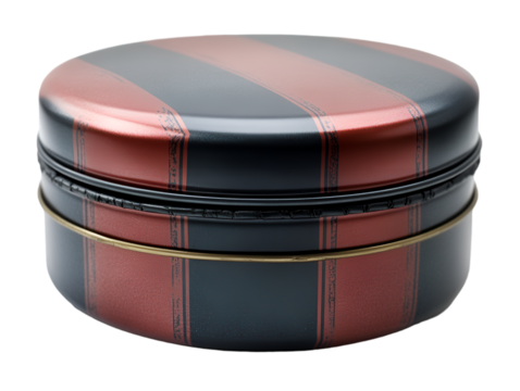 a round metal container with a red and black striped lid. 