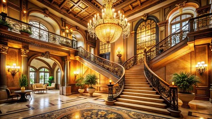 Obraz premium Luxurious 1920s-era mansion with grand staircase, ornate chandeliers, and lavish decorations, set against a warm,