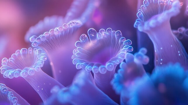 Close-up of vibrant coral structures with glowing tips in a colorful underwater scene.