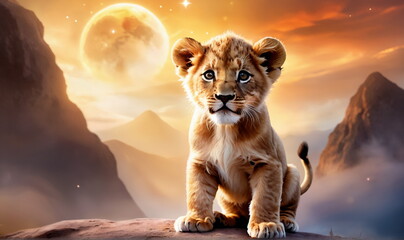 Adorable lion cub, curious mood, sitting on a rock with a sunset background and a full moon