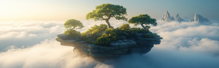 Floating island with pine trees and misty mountains in a dreamy sky