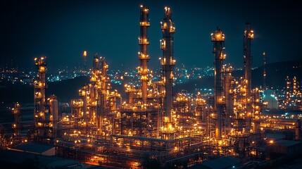 Fototapeta premium Night view of illuminated oil refinery industrial complex