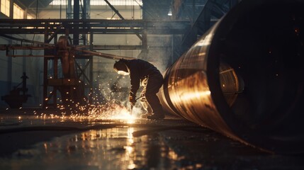 A welder works diligently on a large pipe, surrounded by sparks in a dimly lit industrial setting, highlighting the intense focus and skill involved.