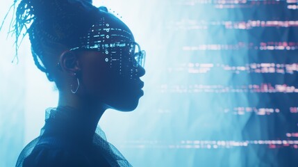 A silhouette of a woman wearing glasses with digital data streams projected onto her face, embodying the intersection of human and technology.