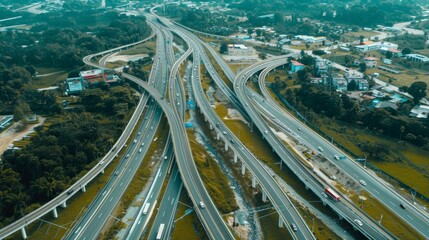 Naklejka premium Aerial view capturing a well-organized network of highways weaving through a city's suburban region, surrounded by greenery and urban elements harmoniously.