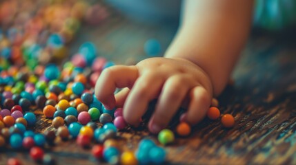 A small child's hand reaches out to grab colorful candy, highlighting a moment of simple pleasure and curiosity in play.