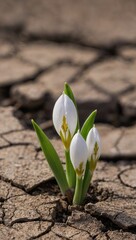 Obraz premium Two small white flowers with yellow stamens emerging from cracked dry soil