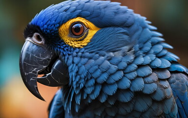 Obraz premium Close-up portrait of a blue hyacinth macaw, curious mood, detailed feathers against a soft background