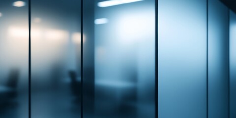Blurred office space with frosted glass partitions creating a serene atmosphere during the daytime
