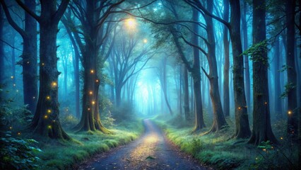 Enchanted dark forest path through eerie magical woods at night with mysterious atmosphere and foggy ambiance