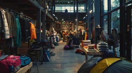 A retail store showcasing a diverse range of outdoor clothing and gear, neatly organized and lit with a warm ambiance, inviting customers for an adventurous shopping experience.