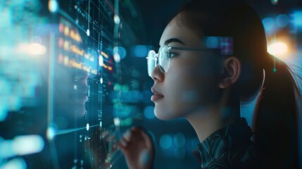 A young woman intensely focused on a high-tech screen, with data and holographic visuals reflecting in her glasses, representing modern technology and analysis.