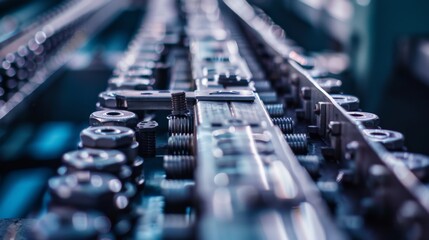 Fototapeta premium A close-up of a mechanical chain system, emphasizing the intricate design and precision involved in engineering and machinery.