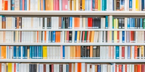 Colorful collection of books neatly arranged on shelves in a modern library setting during daylight hours