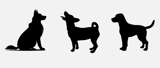 Dog silhouette collection vector. Dog in various poses and activities like jumping, sitting, running, playing, and standing. Silhouette black puppies, pet dog vector