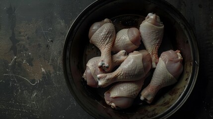 Raw chicken drumsticks are arranged in a dark, rustic pan, ready for cooking or seasoning, embodying simplicity and culinary preparation.