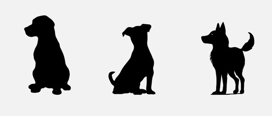 Dog silhouette collection vector. Dog in various poses and activities like jumping, sitting, running, playing, and standing. Silhouette black puppies, pet dog vector