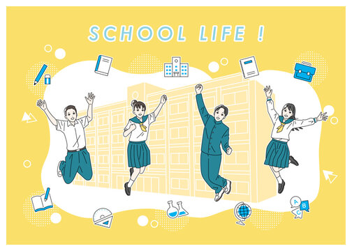 ジャンプをする学生の全身イラストセット