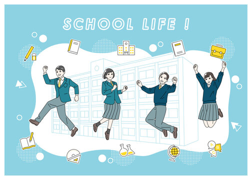 ジャンプをする学生の全身イラストセット