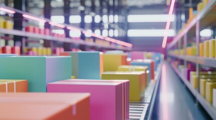A colorful array of packages lined up on a conveyor belt in a modern warehouse with vibrant lighting, symbolizing efficient warehousing and logistics.