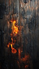 A dark wooden panel displays glowing embers and intricate char patterns from heat exposure, creating a striking visual effect