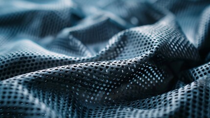 An up-close shot of a textured, perforated fabric draped smoothly, highlighting its fine workmanship and intricate pattern in the cool hues of blue and black.