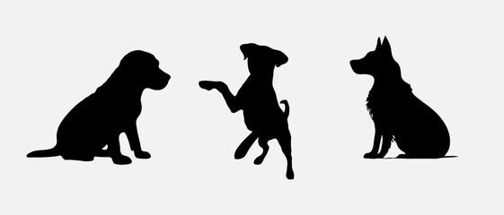 Dog silhouette collection vector. Dog in various poses and activities like jumping, sitting, running, playing, and standing. Silhouette black puppies, pet dog vector