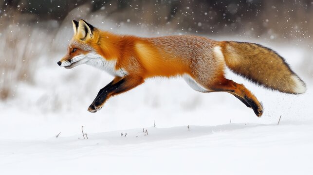 Red Fox Leaping Through Snowy Landscape