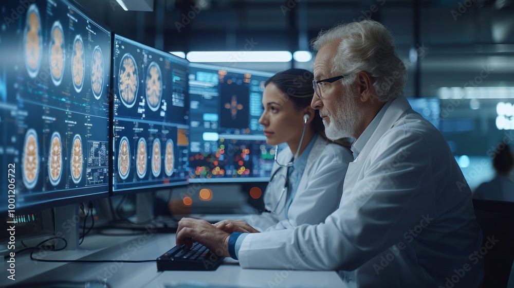 Aufkleber Two doctors are looking at a computer screen with a lot of images on it