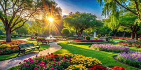 Obraz premium Beautiful morning sunlight shining in serene public park with lush greenery and colorful blooms, peaceful outdoor scenery for relaxation and tranquility