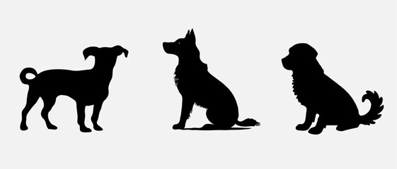 Dog silhouette collection vector. Dog in various poses and activities like jumping, sitting, running, playing, and standing. Silhouette black puppies, pet dog vector