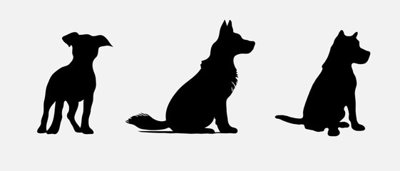 Dog silhouette collection vector. Dog in various poses and activities like jumping, sitting, running, playing, and standing. Silhouette black puppies, pet dog vector